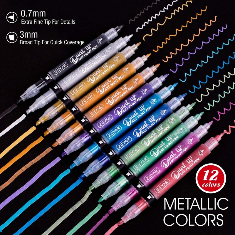 ZEYAR Dual Tip Acrylic Paint Pens 12 Metallic Colors, Board and Extra Fine Tips, Patented product, Water Based Acrylic & Waterproof Ink (12 Metallic Colors) - Image 4